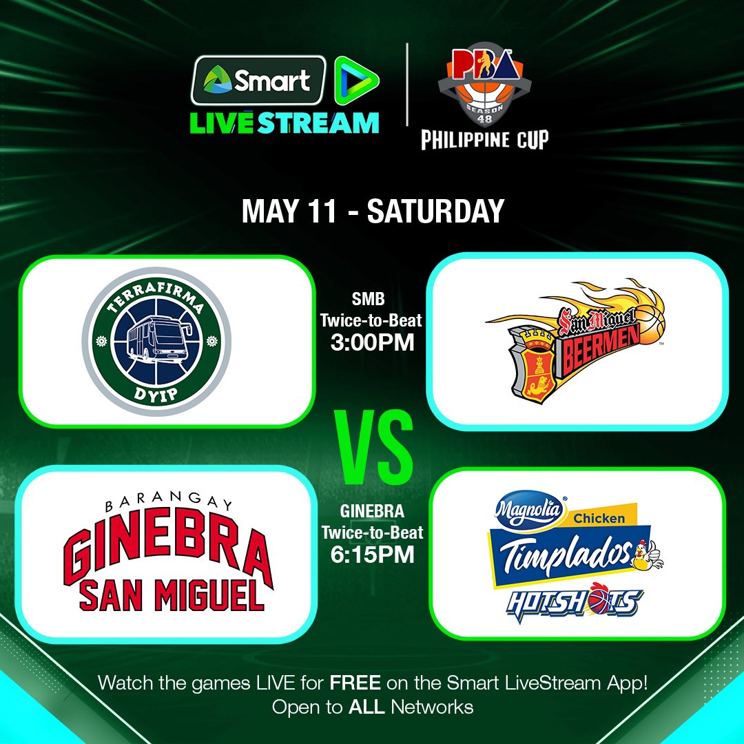 LiveSmart's tweet photo. The PBA Philippine Cup Quarter-finals are here! π₯
Don't miss the do-or-die action LIVE on the Smart LiveStream App, now FREE for all networks. π
Download the app now: https://t.co/RYkW2lwIWC. You can also stream via web browser on https://t.co/GaDp1mTrDP.
#PBAonSmart https://t.co/GYWIim32S4