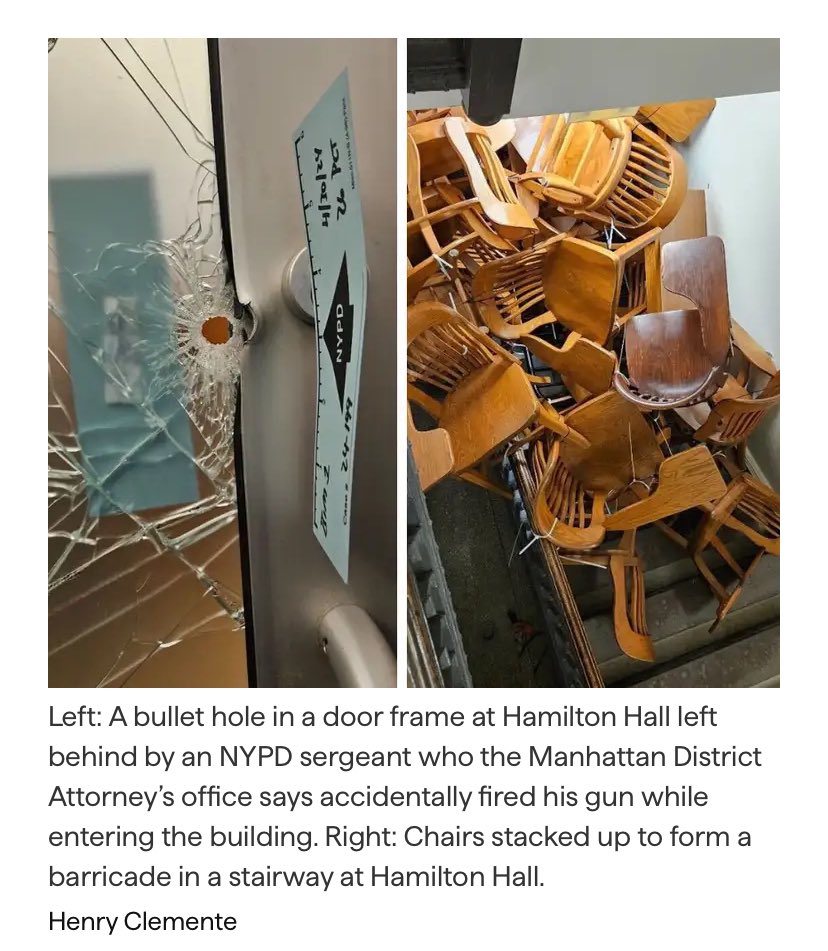A head custodian at Columbia gave @BKriegstein notes and maps left by protestors, along with photos of the aftermath of the occupation and raid. One photo shows the bullet hole in a door from a police officer who shot a gun STORY for @Gothamist-@WNYC: gothamist.com/news/lock-all-…