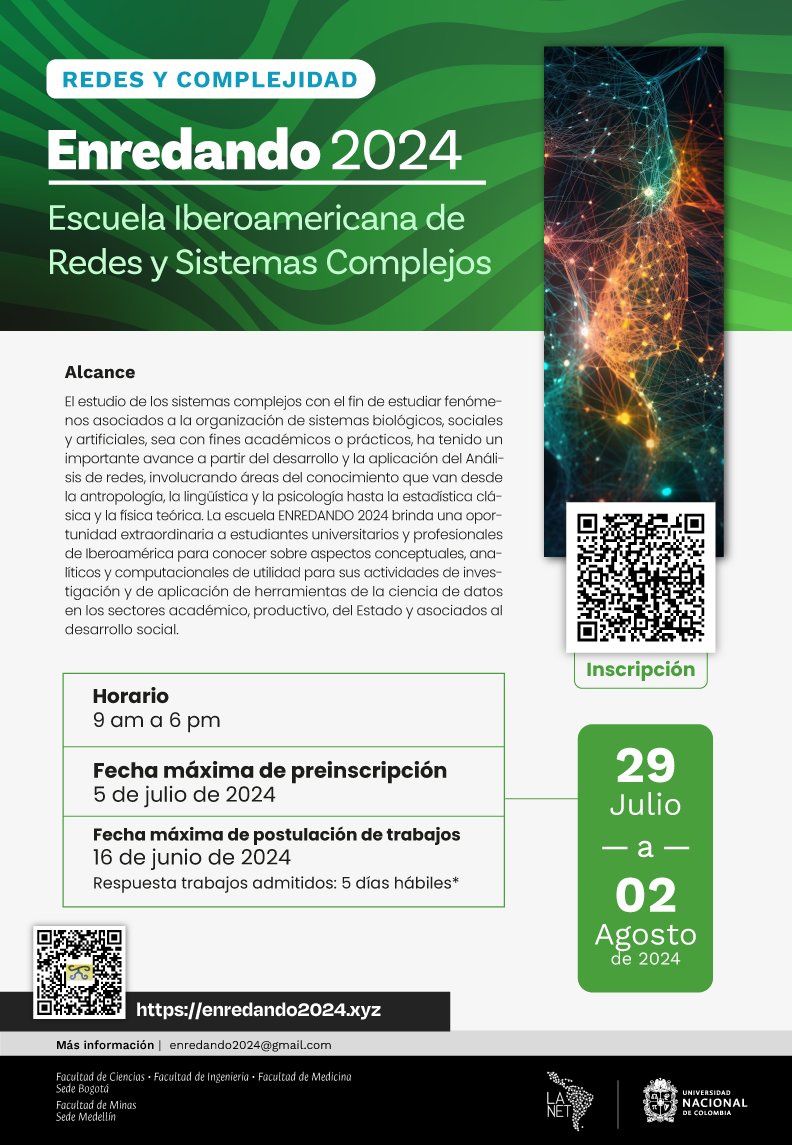 Los invitamos al evento “Enredando 2024” que contará con la participación expertos que hablarán sobre redes y sistemas complejos. enredando2024.xyz