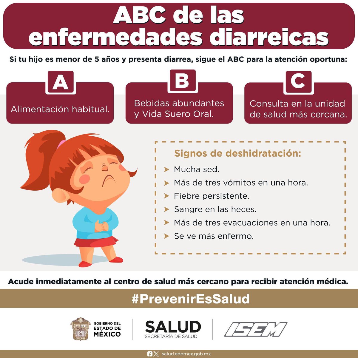 Conoce el ABC de las #EnfermedadesDiarreicas para una atención oportuna en menores de 5 años.
Ante cualquier emergencia acude a la unidad de salud más cercana.
#PrevenirEsSalud