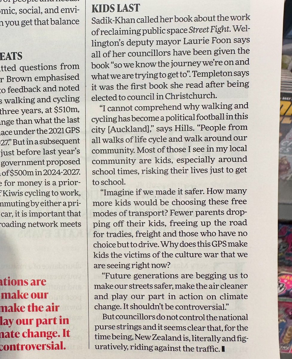 My thoughts, in the latest Listener about walking & cycling infrastructure and how it’s our kids that miss out as the govt cut these budgets. So much time is spent fighting against spending on these projects when, only 1% of our transport budget is dedicated to walking cycling.