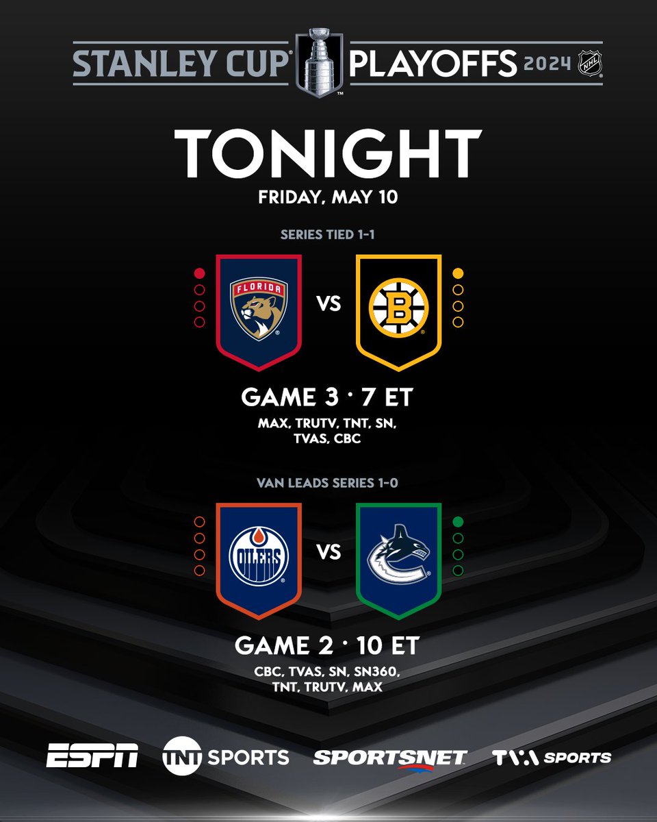 Friday will see a 1-1 series between the @FlaPanthers and @NHLBruins head to Boston for Game 3 before the @EdmontonOilers look to even their series at one game apiece in Game 2 against the @Canucks. #NHLStats: media.nhl.com/public/news/18…