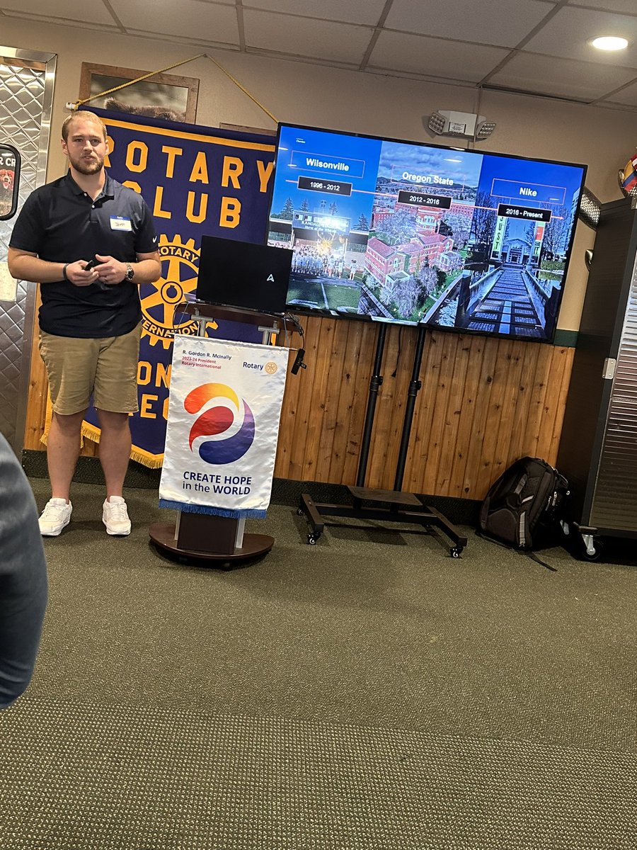 It was great to have former @rotary97070 Scholarship recipient Jeff Lulay back to tell us what he’s done since leaving Wilsonville. After attending @OregonState he has become a star at @Nike! Great to see the impact Jeff’s connection to Rotary had on where he is today!