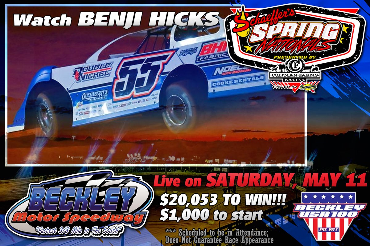 Watch @benji_hicks vie for the $20,053 top prize with the @SchaefferOil #SpringNationals in the annual Beckley USA 100 on Saturday, May 11 at Beckley Motor Speedway! If you are unable to make the trip to Mount Hope, West Virginia, watch every lap LIVE on @FloRacing. 🏁