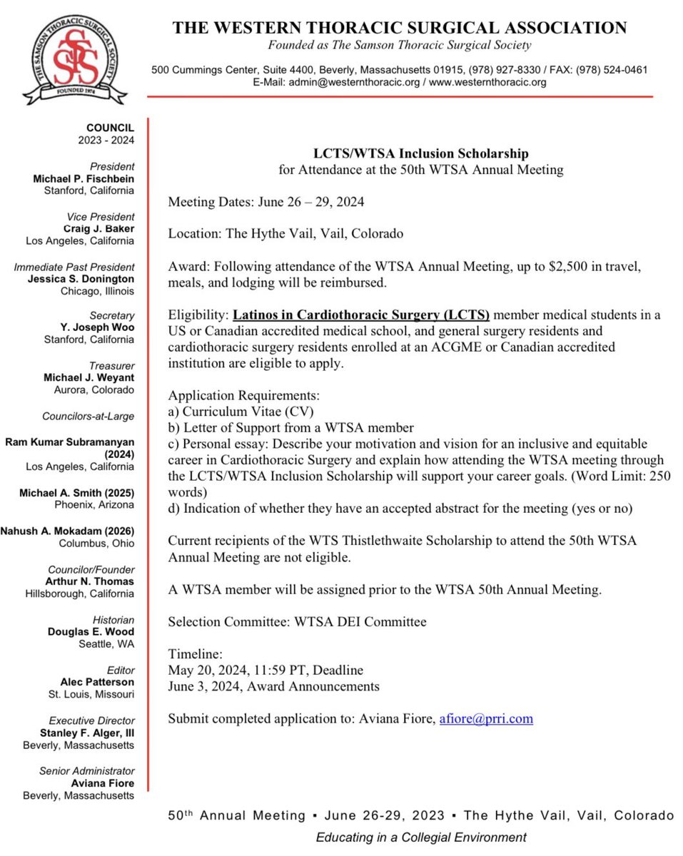 🚨 New scholarship alert! 🚨 So PROUD 🤩 to be partnering with @WTSA_Surgery to offer the FIRST meeting scholarship specifically for Latino students and residents! Applications are due May 20th! Register today! See you in Colorado! ⛰️ #WesternThoracic