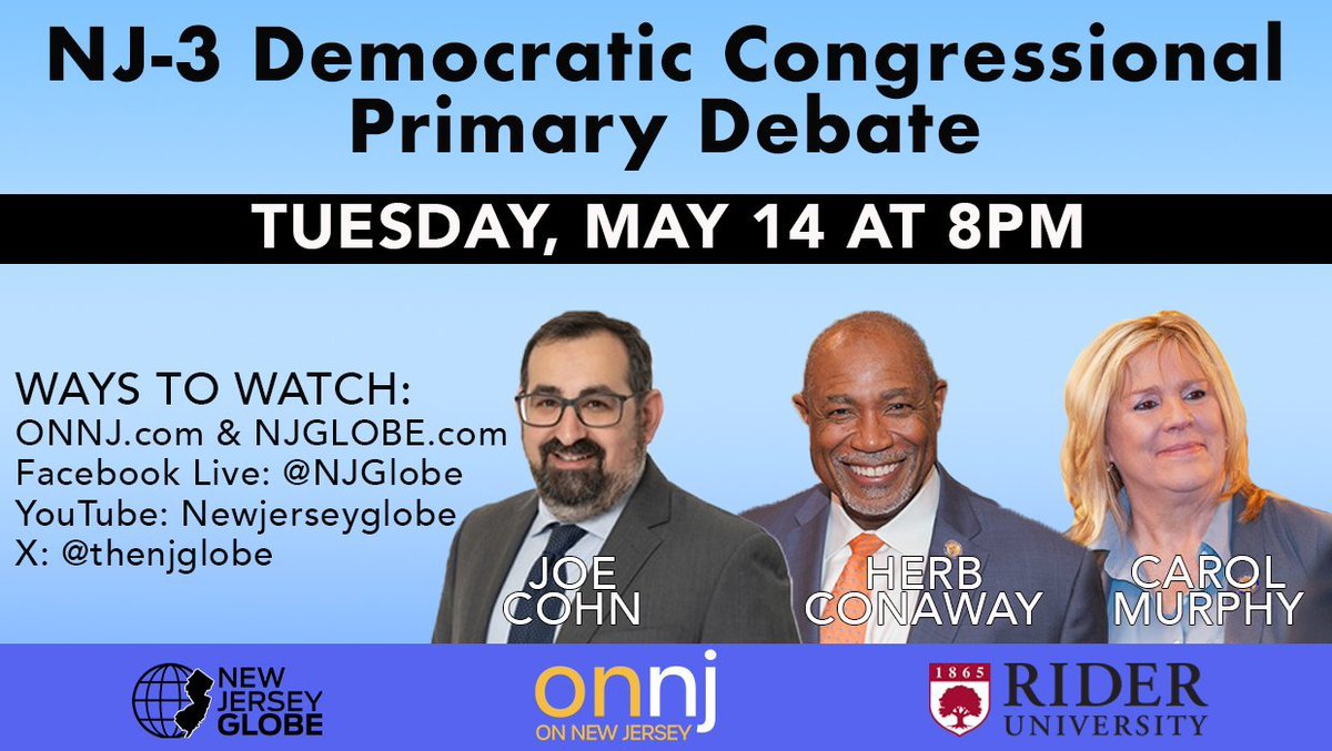 5⃣Days until @JoeCohnNJ, @herbconaway, and @carolmurphyNJ meet for the first Democratic congressional debate for Andy Kim's NJ-3 seat on Tuesday, May 14 at 8 PM.