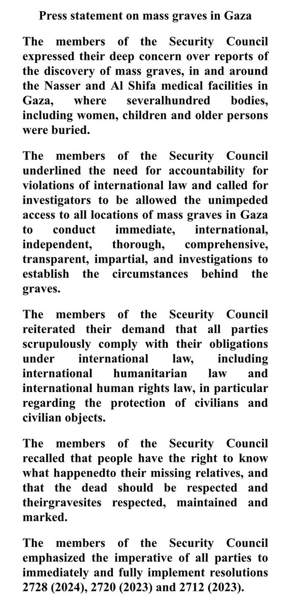 Diplomats say that @USUN and @UKUN_NewYork broke silence on @AlgeriaUN's draft #UNSC press statement on mass graves in #Gaza today as they were unable to support language pertaining to a call for an international independent investigation. Subsequently, #Algeria raised the issue…