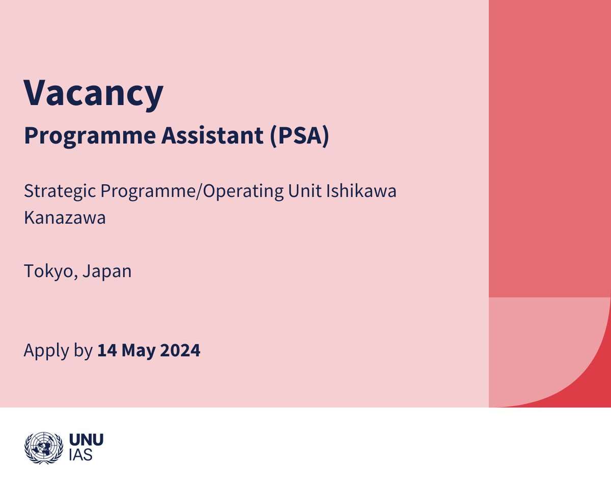 🚨 #Job opportunity! 🚨

Are you fluent in English & Japanese and have a Bachelor’s degree?

Check out our #vacancy for a Programme Assistant based in Tokyo. Some travel to Kanazawa may be required.

Apply by 14 May ➡️ buff.ly/3URJbKk 

@UNJobs #UNCareers