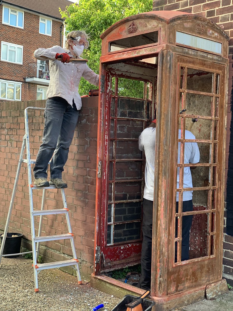 #PeoplePoweredPlaces update: our volunteers have been hard at work designing the outdoor piano cabinet, finalising the nature trail, & preparing this phone box (in a worse state than anticipated 😩) for its transformation into a community book exchange.