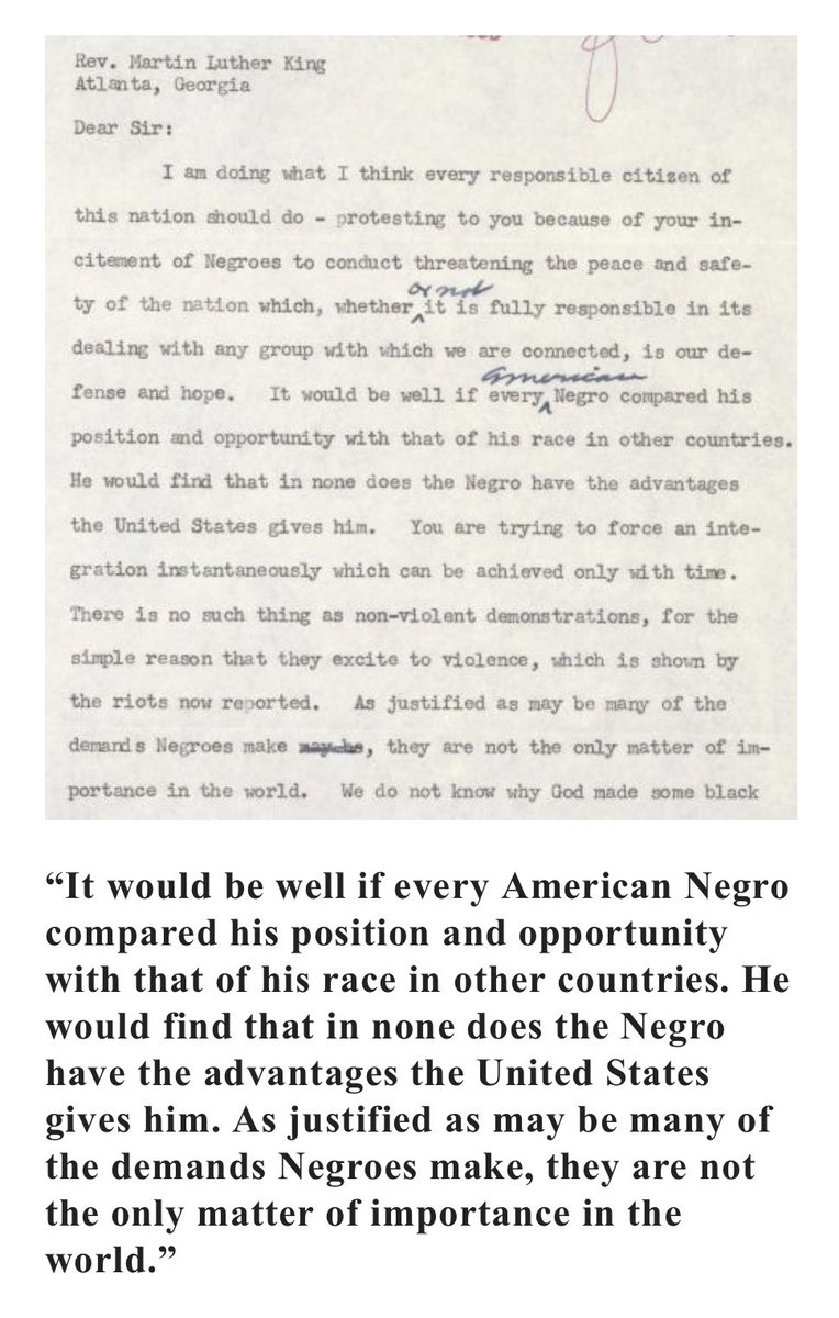 @HutzLionel78 @_ZachFoster @ICAHD @UNESCWA @YeshDin @AdalahCenter @btselem @hrw @fidh_en @alhaq_org I want you to read this piece of hate mail sent to MLK Jr. from a white racist, telling him:

'It would be well if every American Negro compared his position and opportunity with that of his race in other countries…in none does the Negro have the advantages the US gives him.”