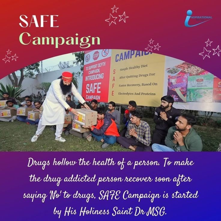 Ram Rahim Ji started Safe Campaign for those who are living drug addiction Under #Safe essential medicines and nutritious food kits are provided to such people.