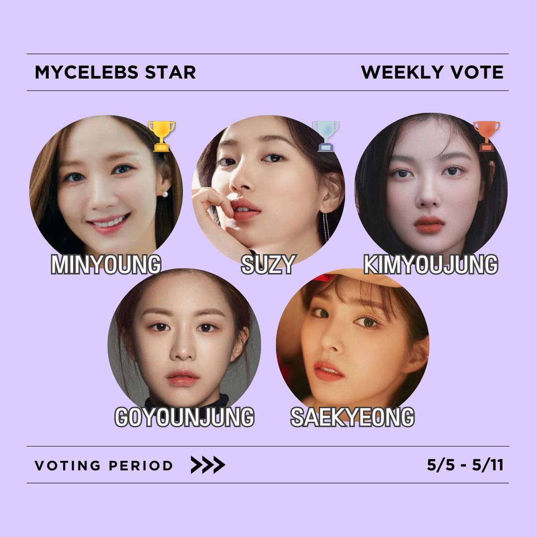🗳️#MycelebsStar AI CASTING Weekly Vote in May week 2 Current Ranking! 💜 Who is the actress who “doesn't give up” that suits the role of Yumyeong in the webtoon ‘Muse on Fame’? ①#PARKMINYOUNG②#SUZY③#KIMYOUJUNG④ #GOYOUNJUNG⑤#SHINSAEKYEONG 🔗 mycelebs.ai/vote