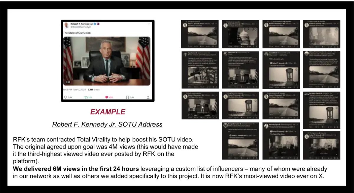 Several large accounts, including ones I had a lot of respect for and follow, are smearing me and claiming that I am on the payroll for a social media firm which did some influencer work for RFK Jr’s campaign. This is completely false. Their evidence is this “leaked” slide
