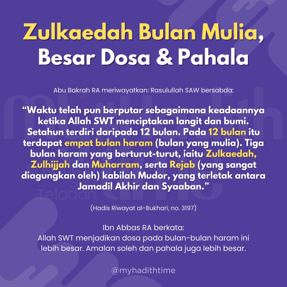 Kita sedang berada dalam bulan Zulkaedah dan akan bertemu dengan bulan Zulhijjah serta Muharram. Ketiga-tiga bulan ini merupakan bulan-bulan yang mulia dan suci.

Maka perbanyakkanlah amal soleh dan tinggalkanlah segala dosa pada bulan-bulan ini.