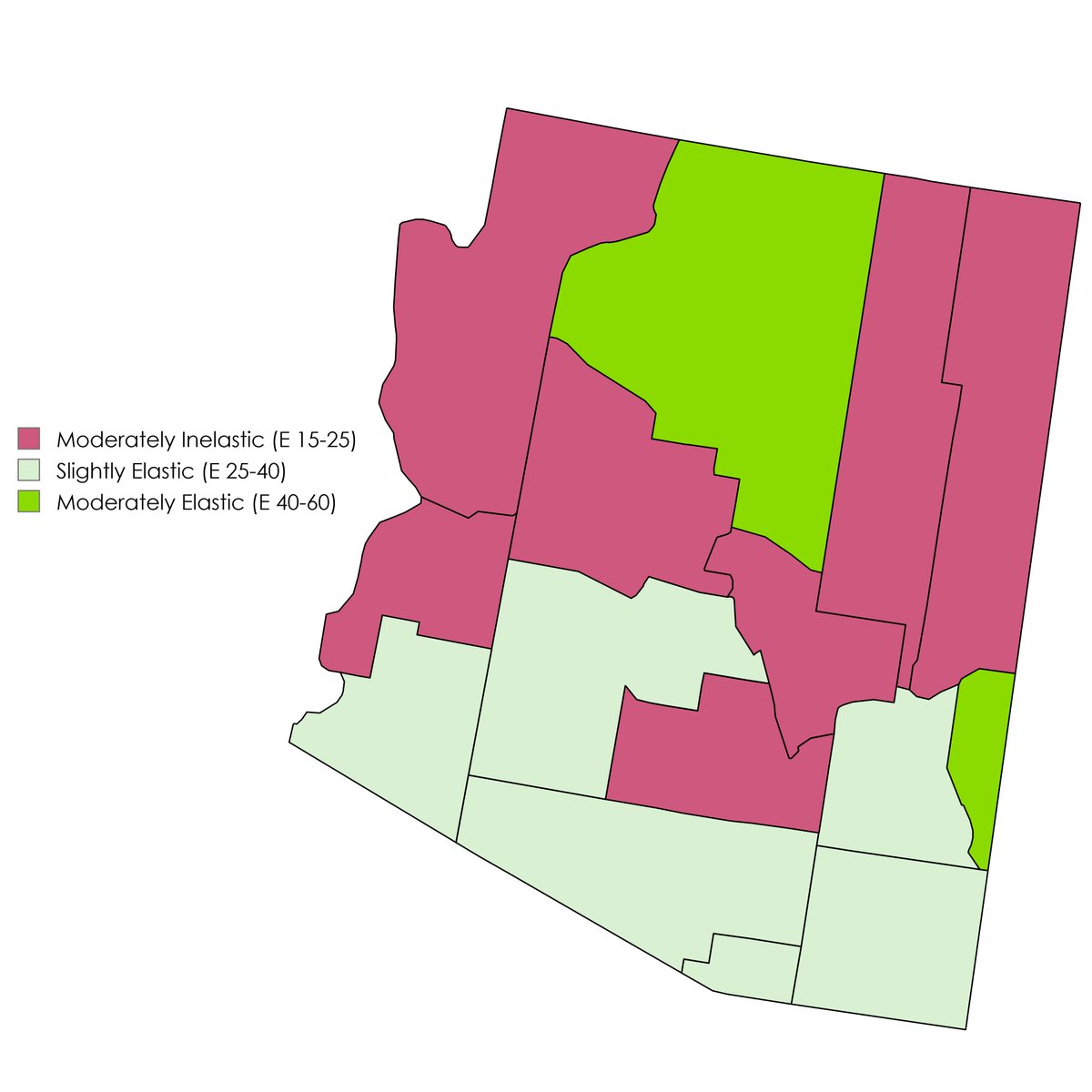 #ElectionTwitter Here's a map of the elasticity by county in Arizona from 2016-2022. Ticket splitting is scarce in most of AZ, with the 2 exceptions of Greenlee (miners that vote Dem downballot) and Coconino (trending blue due to college grads).