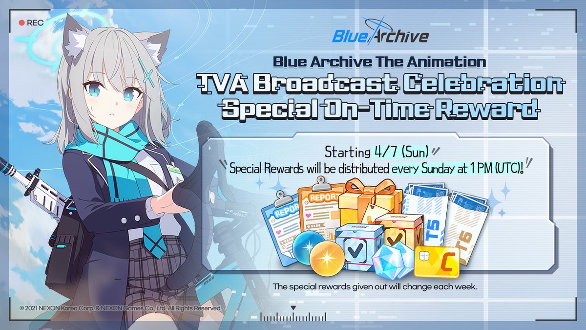 [TVA Special On-Time Gift]

Special gifts every Sunday at 1 PM (UTC) while Blue Archive TVA airs!

🎁 5/12 (Sun) Gift 🎁
- B. Tact. Tr. BD Ch. Ticket x10
- B. Tech Notes Ch. Ticket x15
- N. Tact. Tr. BD Ch. Ticket x5
- N. Tech Notes Ch. Ticket x5

#BlueArchive #BlueArchiveTVAnime