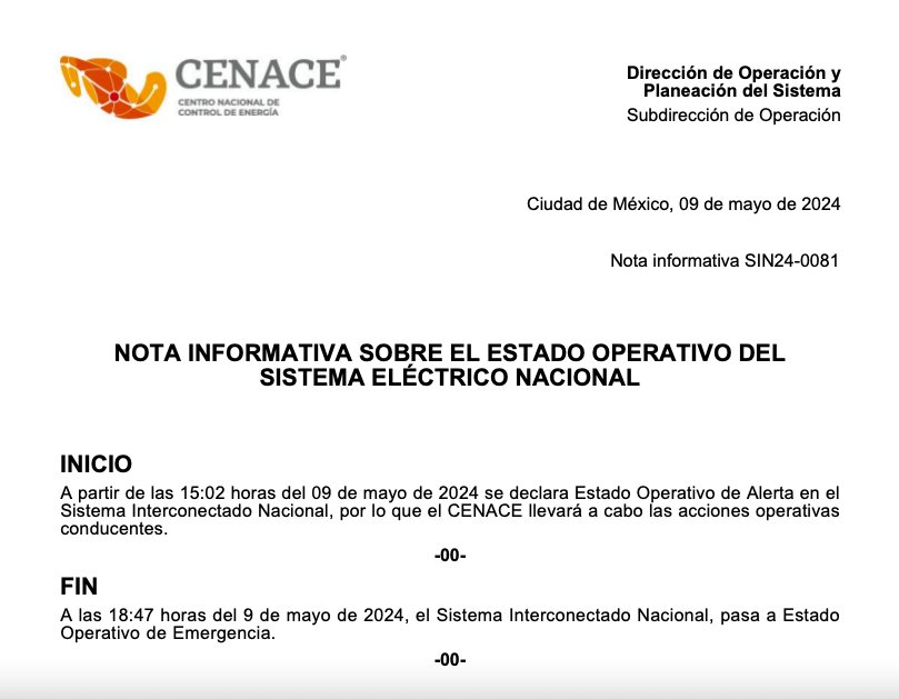 #ULTIMAHORA 🔴| El Sistema Eléctrico Nacional Mexicano paso de nueva cuenta a 'Estado de Emergencia' por lo que puede haber grandes apagones en todo el país.