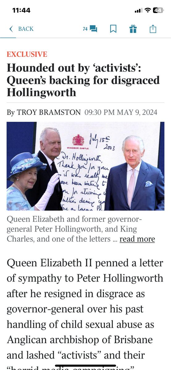 Another great scoop by @TroyBramston. But the “activists” were mainly abuse victims who suffered greatly under Hollingworth. He was never an offender but a disastrous adminstrator. There is written evidence of his failures. The Queen did not know what she was writing about.