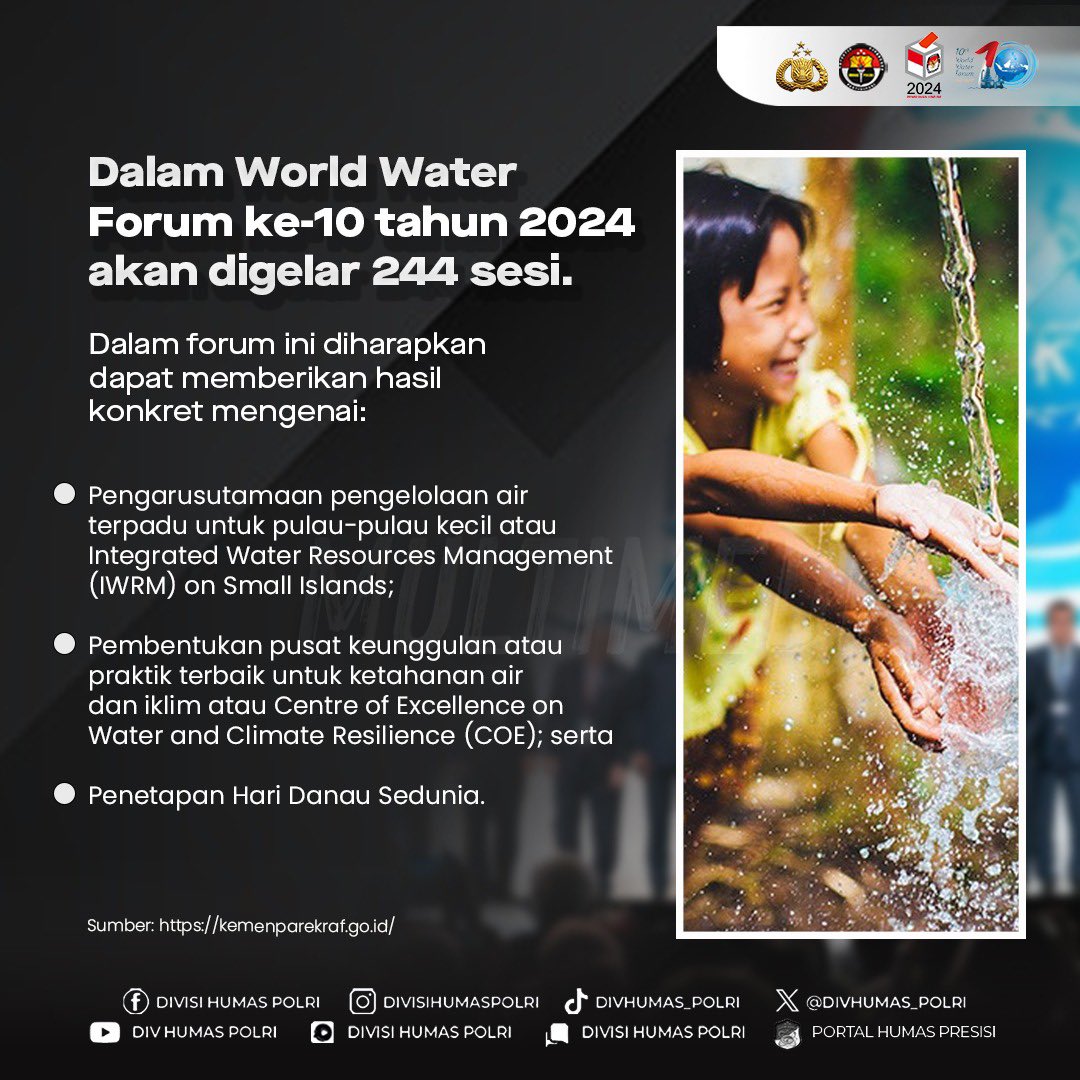 Dalam World Water Forum ke-10 tahun 2024 akan digelar 244 sesi. Dalam forum ini diharapkan dapat memberikan hasil konkret mengenai: - Pengarusutamaan pengelolaan air terpadu untuk pulau-pulau kecil atau Integrated Water Resources Management (IWRM) on Small Islands; -…