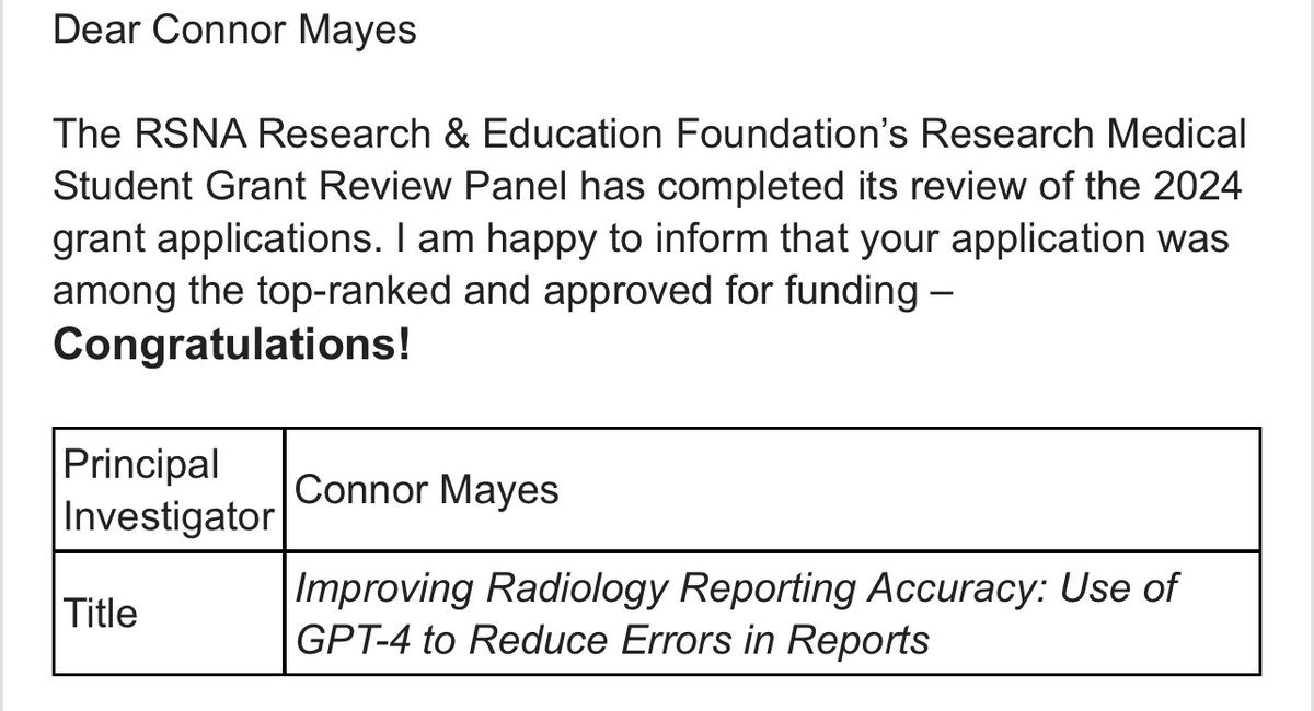 Proud of @MayoClinicSOM mentee Connor Mayes on his medical student @RSNA grant! @MayoRadiology @MayoAZAbdRad