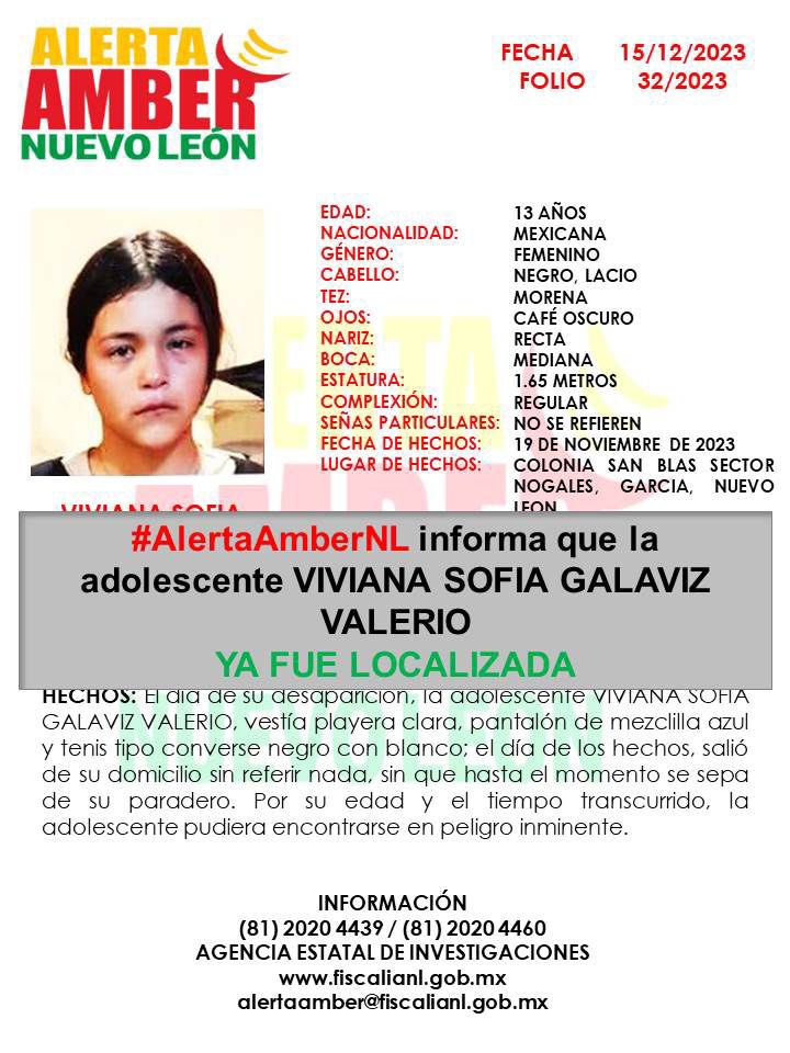 📣 SE DESACTIVA #AlertaAMBER Agradecemos su colaboración, la adolescente VIVIANA SOFÍA GALAVIZ VALERIO ya fue localizada. #AlertaAmberNL