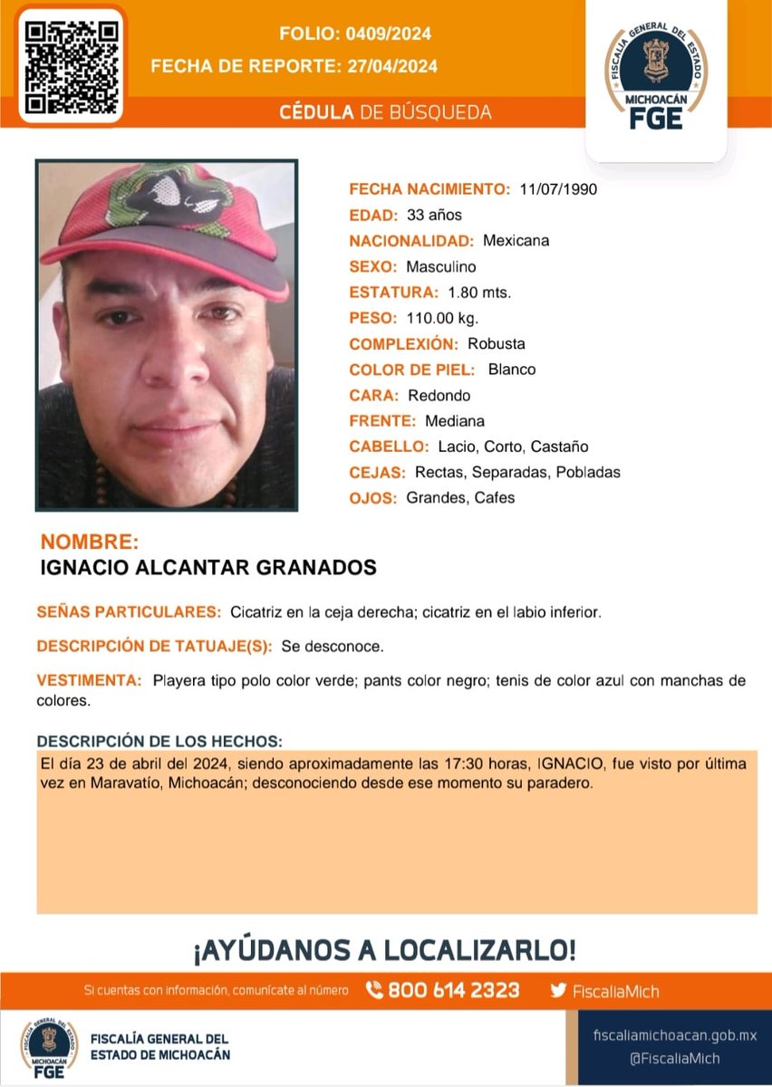 ⚠️🟠 Solicitamos su apoyo para la #búsqueda y #localización de IGNACIO ALCANTAR GRANADOS de 32 años de edad. #Ayúdanos a encontrarlo. #Comparte @botDesaparecidx #FGEMich