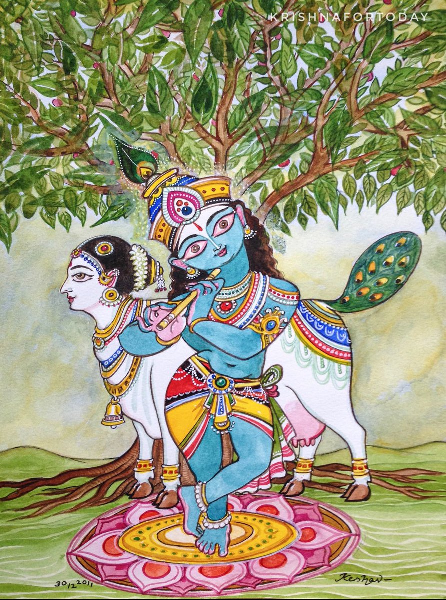Krishna, Kamadhenu and kalpavriksha #krishnaleela #watercolour #krishnafortoday #akshayatritiya