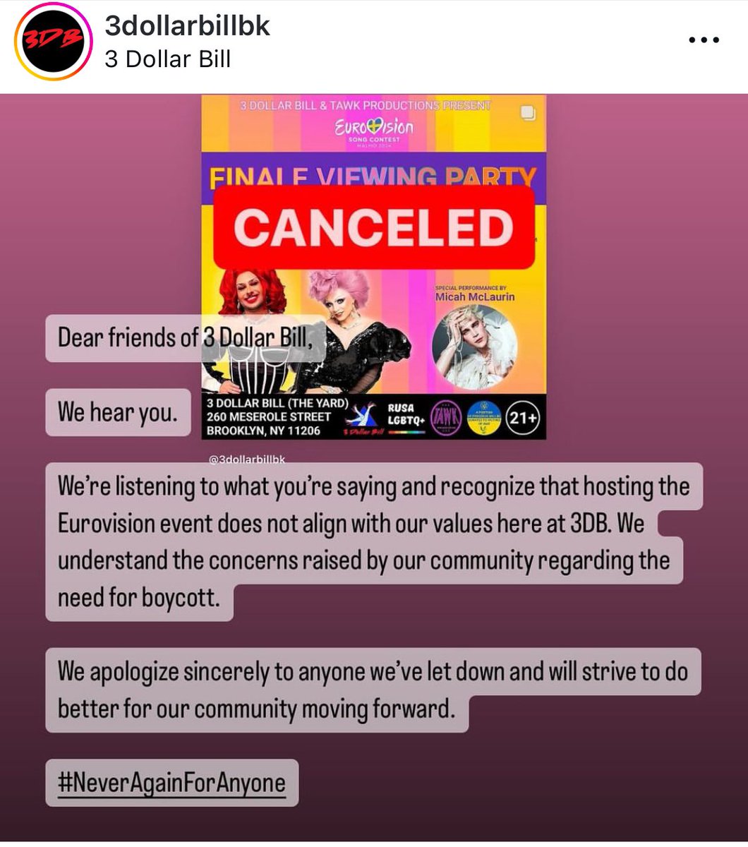 A NYC bar cancelled a viewing of Eurovision because it features an Israeli, Eden Golan (20). Golan is being boycotted not because of what she did but because of who she is. There’s a word for this: antisemitism.