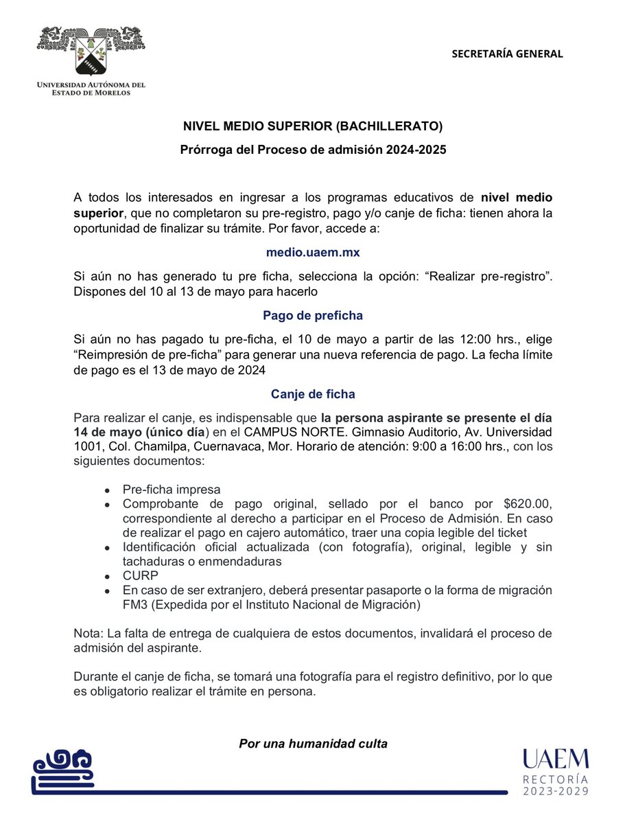 Atención aspirante al nivel medio superior de la #UAEM 📷Sigue atentamente las indicaciones de prórroga para completar el proceso de pre-registro, pago y/o canje de ficha.