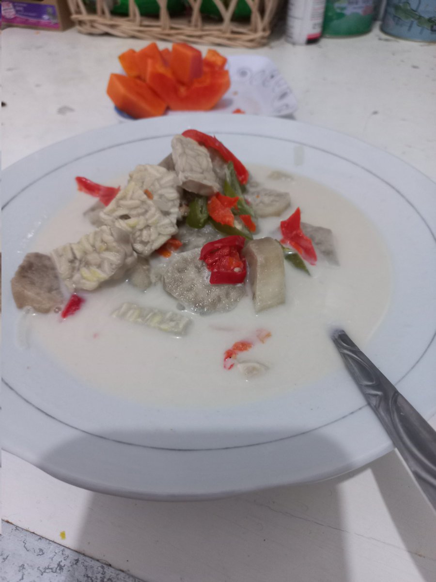Makanan mevvah. Eggplant soup with soyabean cake and coconut milk. I season it with garlic, shallot, chili etc. Alhamdulillah 😍