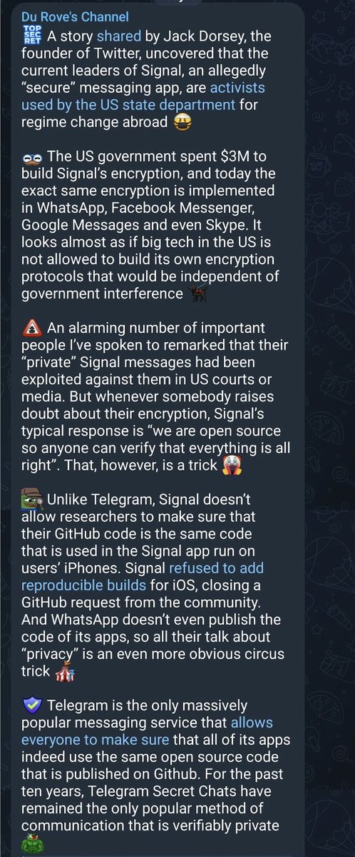 Ok let's confront some of the Signal vs Telegram FUD head on. I've been sent the following screenshot enough times that I'll just repost publicly this great rebuttal a friend of mine wrote. Before I do, my biggest question about today's strange 'organic' push to get people off
