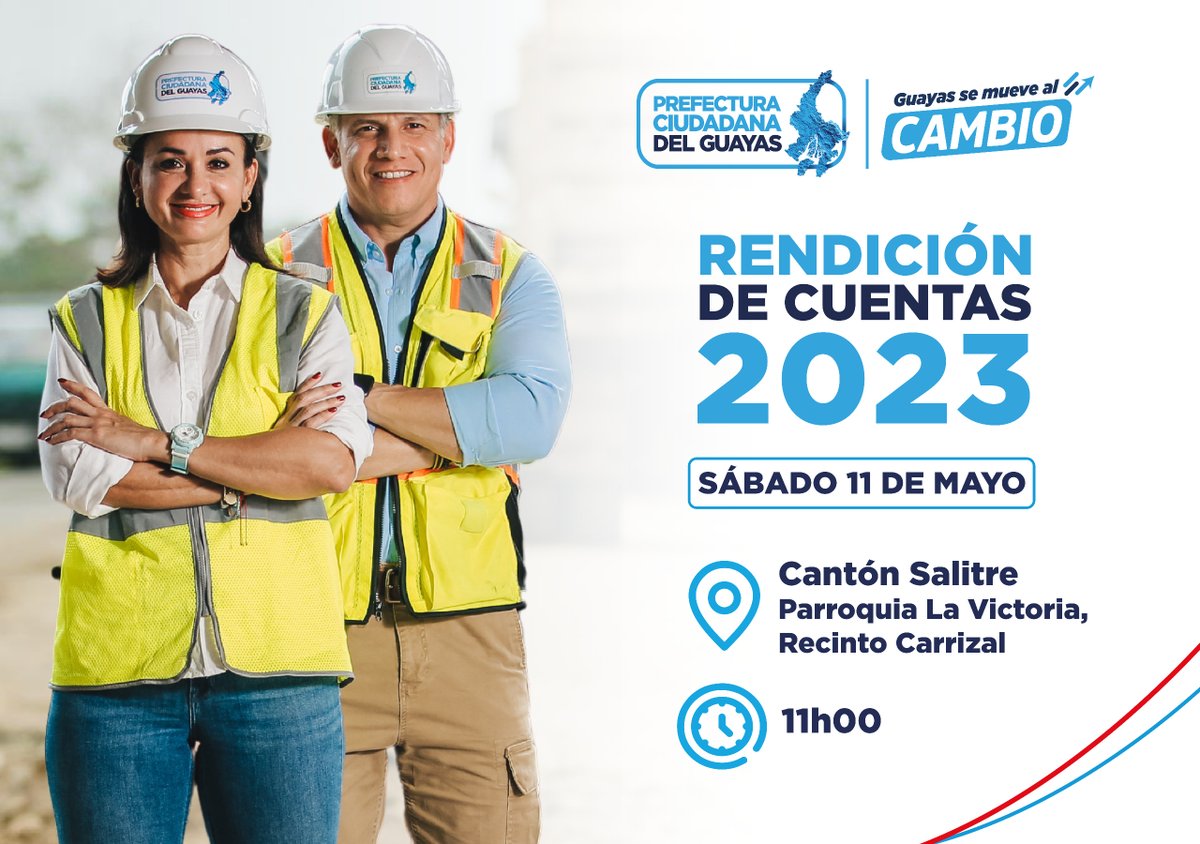 ¡Sé parte de la Rendición de Cuentas 2023! La Prefectura Ciudadana del Guayas te invita a este acto público que contribuye al desarrollo de nuestros principios de: eficacia, eficiencia y transparencia. 🗓️ Sábado, 11 de mayo 2024. 📍Cantón: Salitre, parroquia La Victoria,…