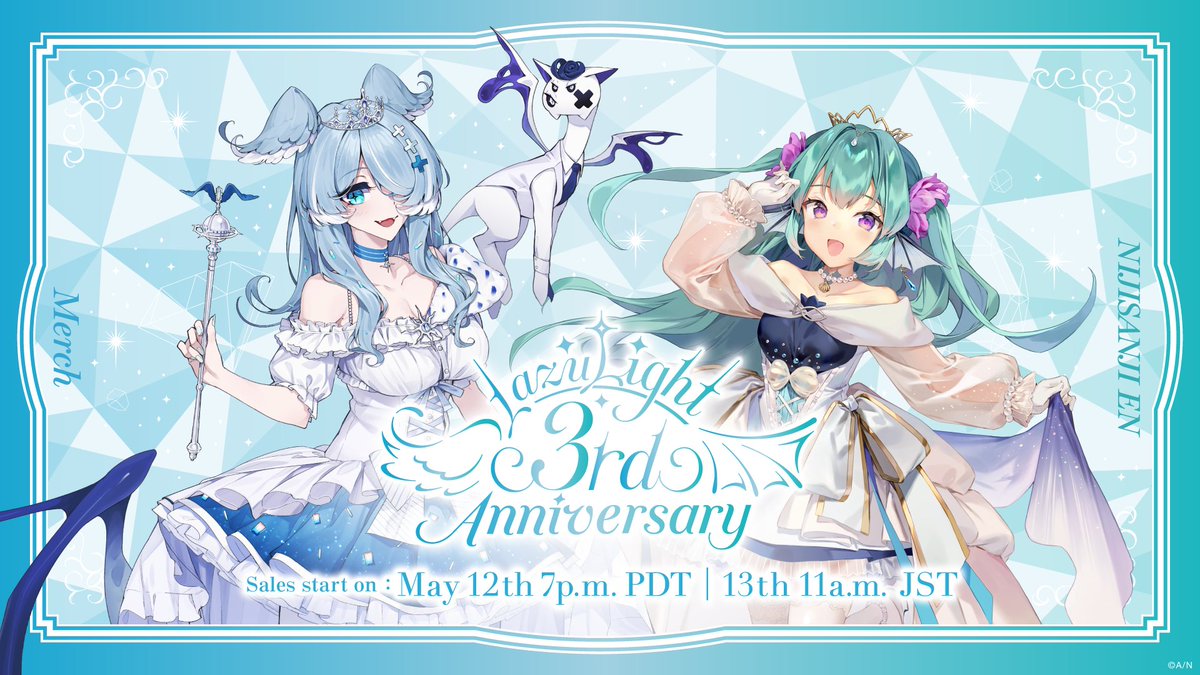【#LazuLight 3rd Anniversary orders open soon🎉】

Happy 3rd Anniversary, LazuLight🥳

To celebrate, new made-to-order merch will be available on the #NIJISANJI_EN Official Store🛒

🔻Press release
anycolor.co.jp/en/news/o7aee-…

⏰Order period
May 13 (Mon) 11:00 ~ Jun 2 (Sun) 23:59 JST