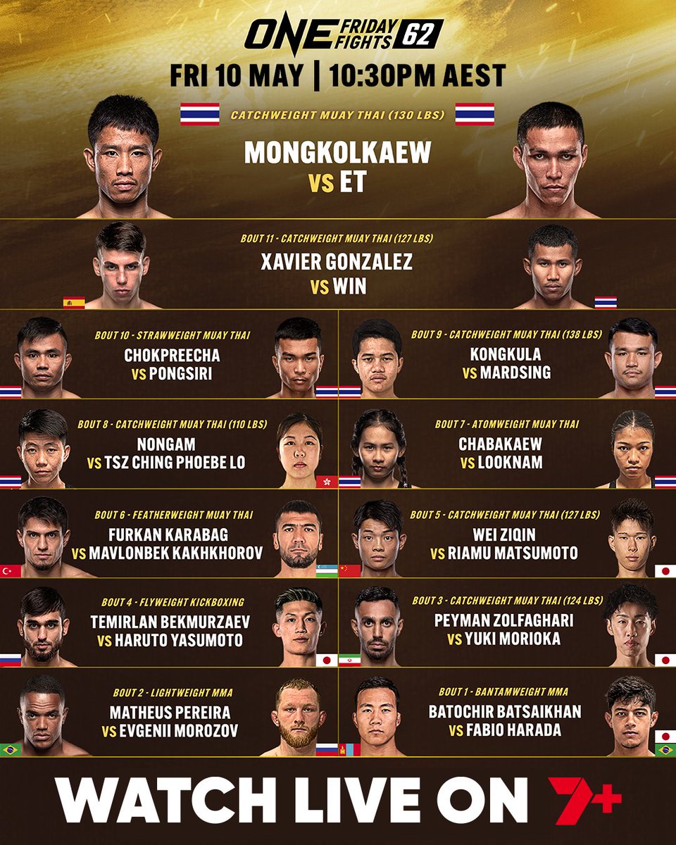 Here's the lineup for <a href="/ONEChampionship/">ONE Championship</a> Friday Fights tonight!

Which fight are you most looking forward to? 👊

Watch all the action LIVE on <a href="/7plus/">7plus</a> at 7plus.link/ONEFridayFights