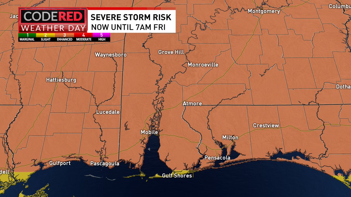 CODE RED WEATHER Fri AM. Enhanced (Level 3) risk of severe weather for the entire NBC 15 area. Have multiple ways to receive warnings. Numerous severe storms possible. Primary threats: damaging wind gusts (60 to 80mph), golf ball sized hail & a tornado can't be ruled out @mynbc15