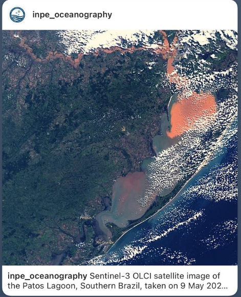 Impressionante a 'pluma da enchente' descendo a  Lagoa dos Patos em direção sul (Rio Grande). Imagem capturada hoje pelo satélite Sentinel-3. #LagoadosPatos