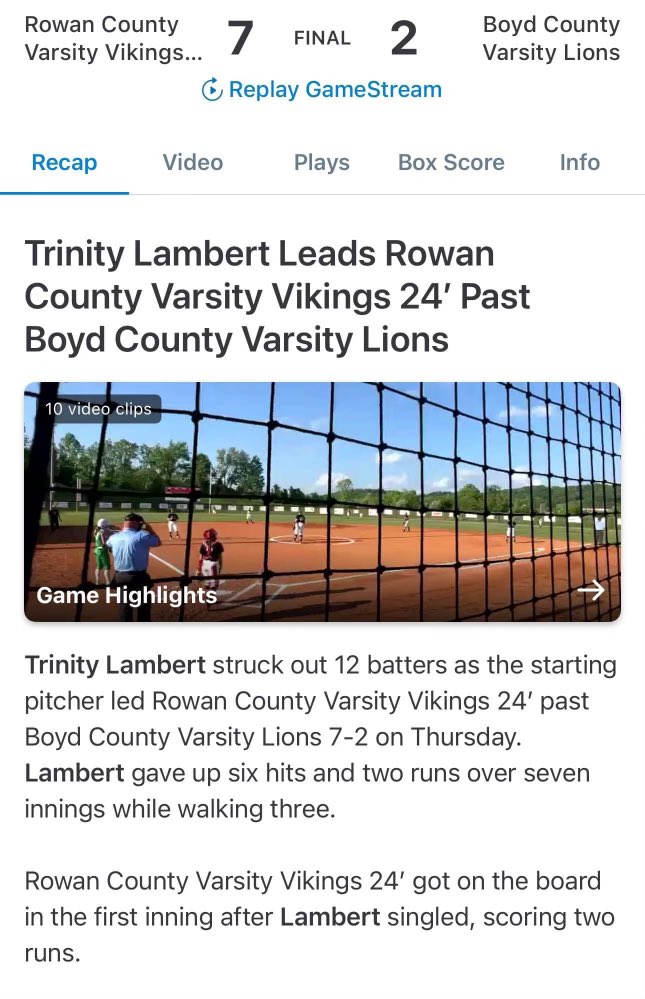 Great game against Boyd County 7-2. Very proud of my team for bringing out the bats and making diving plays. Pitched 7 innings with 12 K’s and 3 RBI’s from the plate! 💚 <a href="/Coach_MGriff/">Coach Griff</a> <a href="/UKCoachLawson/">Rachel Lawson</a> <a href="/UKCoachHimes/">Kristine Himes</a> <a href="/gbaalman25/">Grace Baalman</a> <a href="/mzerkleee/">Morgan Zerkle</a> @NKUSBCoachG <a href="/worthington_eku/">JaneWorthington</a>