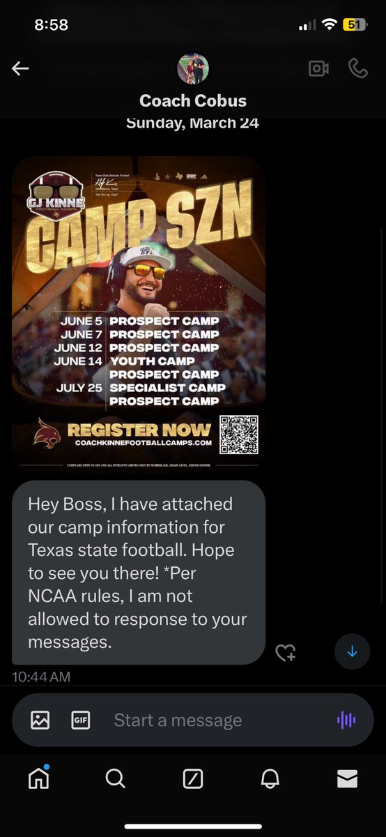 Appreciate the invite see yall there June 14th! @jruss_16 @CoachSpann15 @TXSTATEFOOTBALL