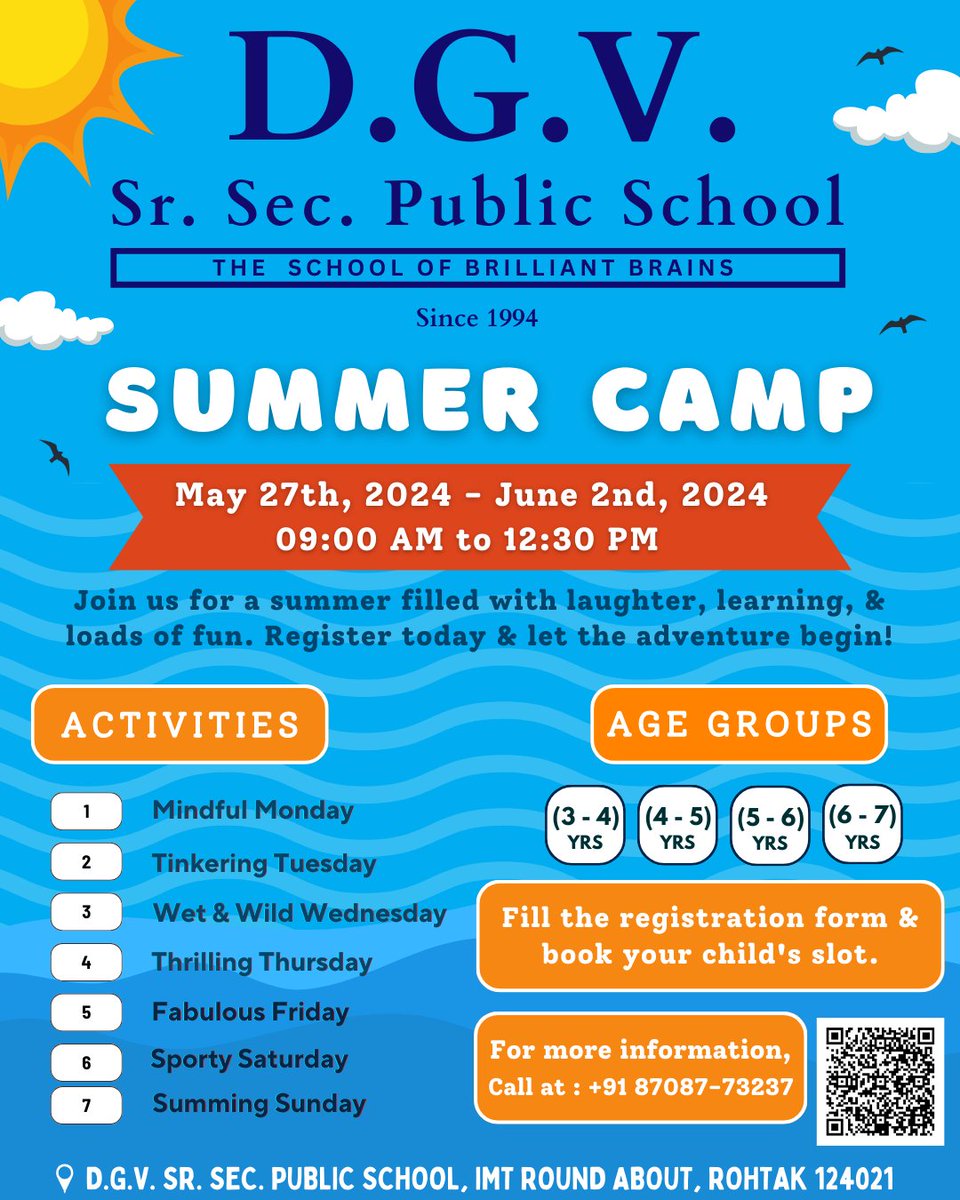 Join us at our Summer Camp where fun never stops! 🏕️

🗓️ When : 27th May, 2024 - 2nd June, 2024
🕘 Time : 9:00 AM to 12:30 PM
📍Where : D.G.V. Sr. Sec. Public School, Rohtak 

Fill the registration form and reserve your spot!

forms.gle/nf6uGA9YLxQPnk…

#summer #summercamp #school