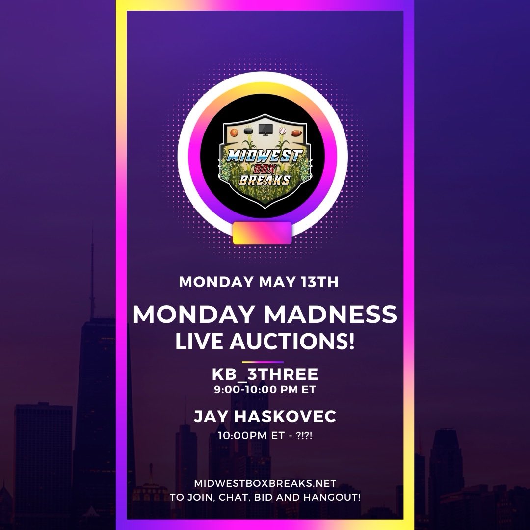 jayhutch40's tweet photo. Get ready for the next @midwestboxbreak Monday madness Live Auctions with me and @kb_3three! You won’t want to miss what I have in store. Check out the live stream now to pre-bid for Monday night at 9pm CT! Graded cards, autos and more!  https://t.co/57tH85NzUa https://t.co/28zu0JaVMM