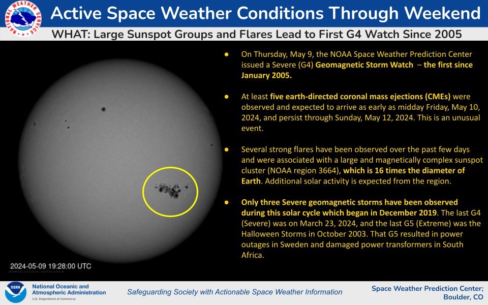 NOAA predicts 'severe' solar storm after series of solar flares and coronal mass ejections. It's forecast to arrive on Friday night. A Severe (G4) Geomagnetic Storm Watch has been issued for the first time since early 2005.