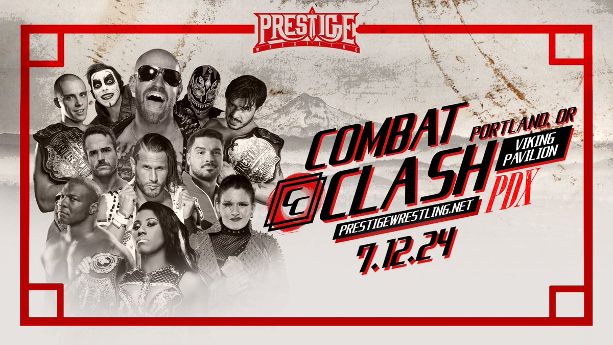 🚨 COMBAT CLASH PDX 🚨 Featuring: Athena Masha Slamovich Roderick Strong Shelton Benjamin Ethan Page Danhausen The Noise Evil Uno Alex Shelley & more July 12th, 2024 Portland, OR Viking Pavilion Arena All Ages (bar with ID) Tickets available now! 🎟 eventbrite.com/e/prestige-wre…