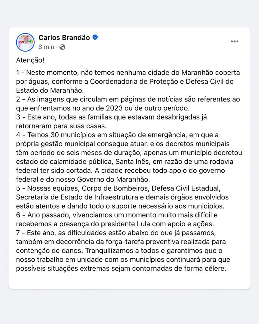 🚨AGORA: Carlos Brandão, Governador do Maranhão, se pronuncia após imprensa informar que o estado tem 30 cidades em situação de emergência por causa das chuvas:

“Todas as famílias que estavam desabrigadas já retornaram para suas casas. Neste momento, não temos nenhuma cidade
