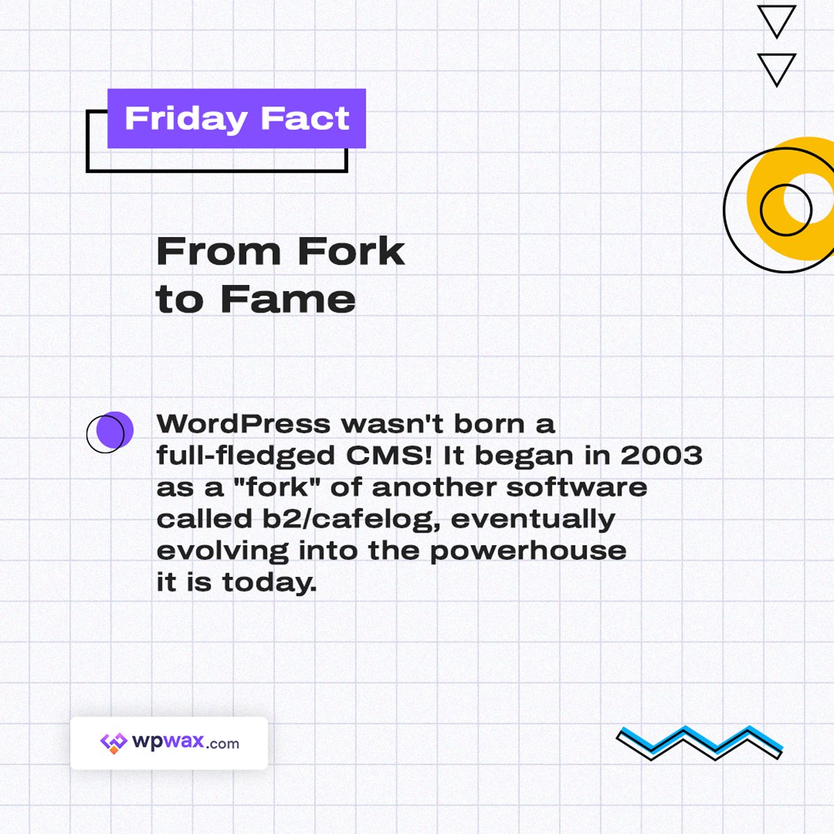 From small beginnings to global dominance: the WordPress story!
#wordpress #cms #factoftheday #fridayfact  #techtrivia #wordpressfacts