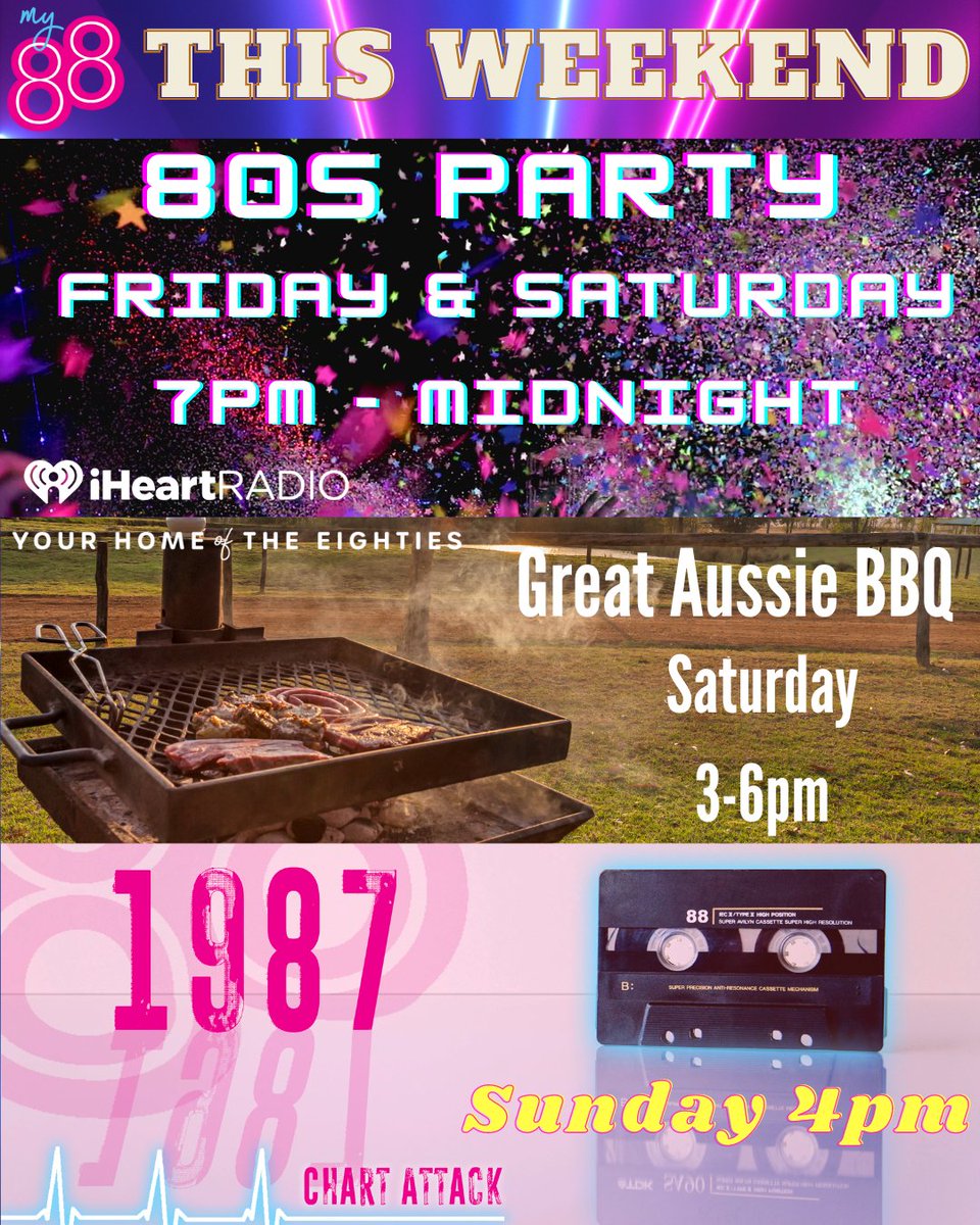 This Mother's Day weekend, we have amazing music for you:
Fri & Sat 7pm-midnight: Our #80sParty
Sat 3-6pm: Our #GreatAussieBBQ
Sun 4pm: #ChartAttack from this week in 1987.
Stream: iheart.com/live/my88-fm-8…