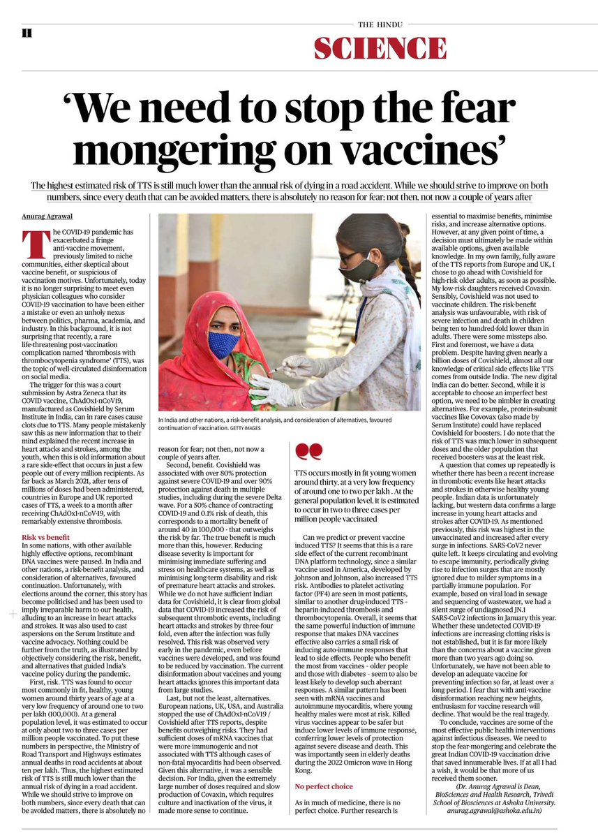 Anurag Agrawal (@anuragagrawalmd) on Twitter photo While Covishield is no longer relevant today, it served its purpose well despite rare side effects. I just wish that more had got it sooner. I also wish that we could keep politics away from vaccines. <a href="/TSB_Ashoka/">Trivedi School of BioSciences, Ashoka University</a> While Covishield is no longer relevant today, it served its purpose well despite rare side effects. I just wish that more had got it sooner. I also wish that we could keep politics away from vaccines. <a href="/TSB_Ashoka/">Trivedi School of BioSciences, Ashoka University</a>