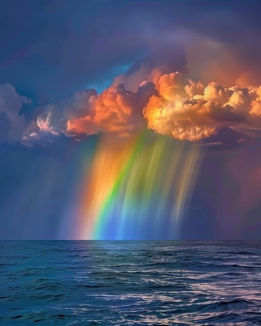 The rain falling over the rainbow creates a mesmerizing display of color and light, a truly magical sight to see