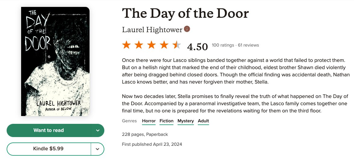 very happy to see @HightowerLaurel's THE DAY OF THE DOOR already hitting 100 ratings on goodreads. ghouls simply cannot get enough of the cursed Lasco family. 👻