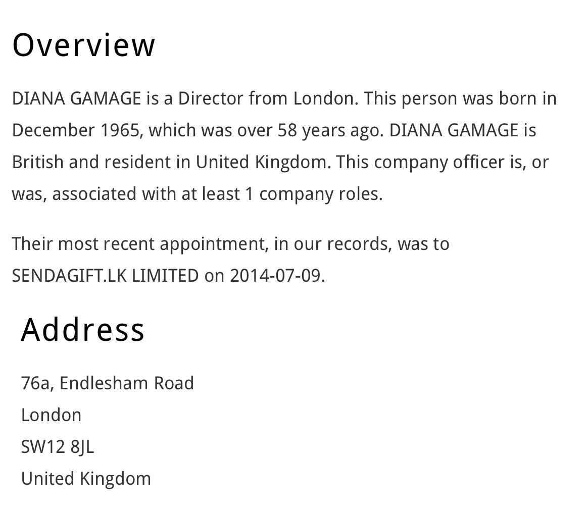 A simple search of ‘Diana Gamage’ and ‘UK’ on Google brings up multiple sites (including from British Government) clearly stating that she’s currently a British citizen and resident, along with businesses registered under her name. Were the Sri Lankan…