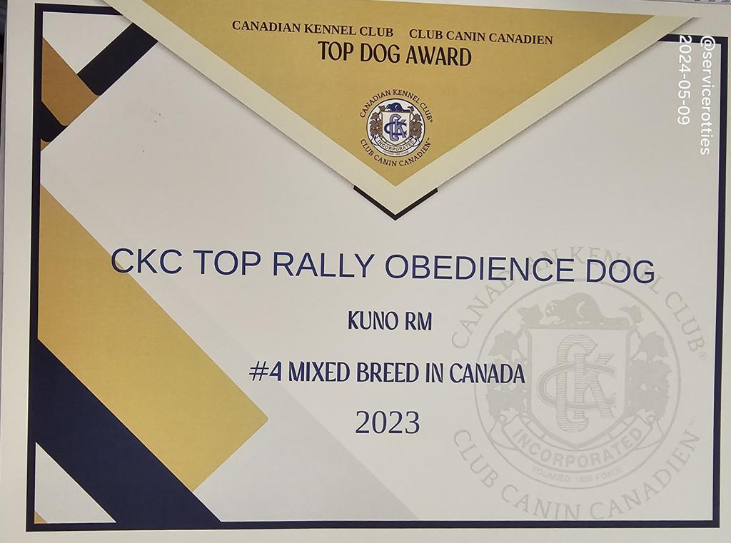 Because I didn't come with fancy papers like Chesnyy, when I compete, I'm classified as a mixed breed. Just before we left for the dog show this weekend, this showed up on the mail. Turns out I finished 2023 ranked the #4 mixed breed Rally Obedience dog in all of Canada! Thank…